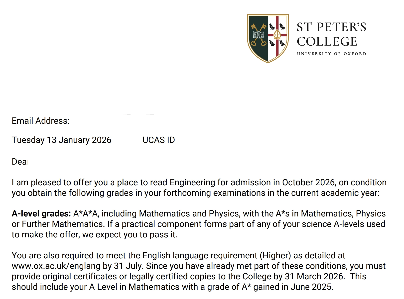 许同学的St Peter’s College录取材料节选（已脱敏）